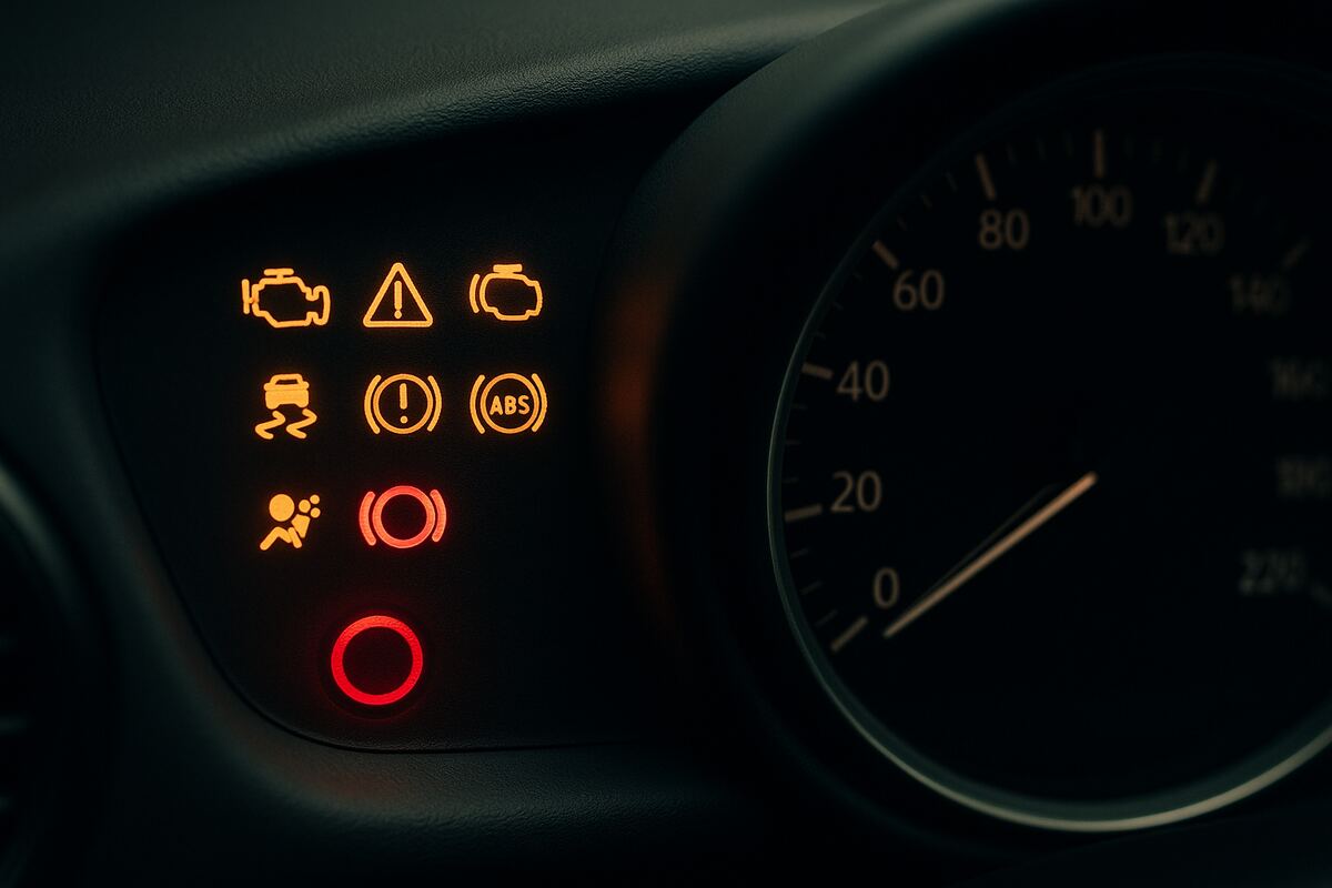 Dashboard warning lights lit on an instrument cluster