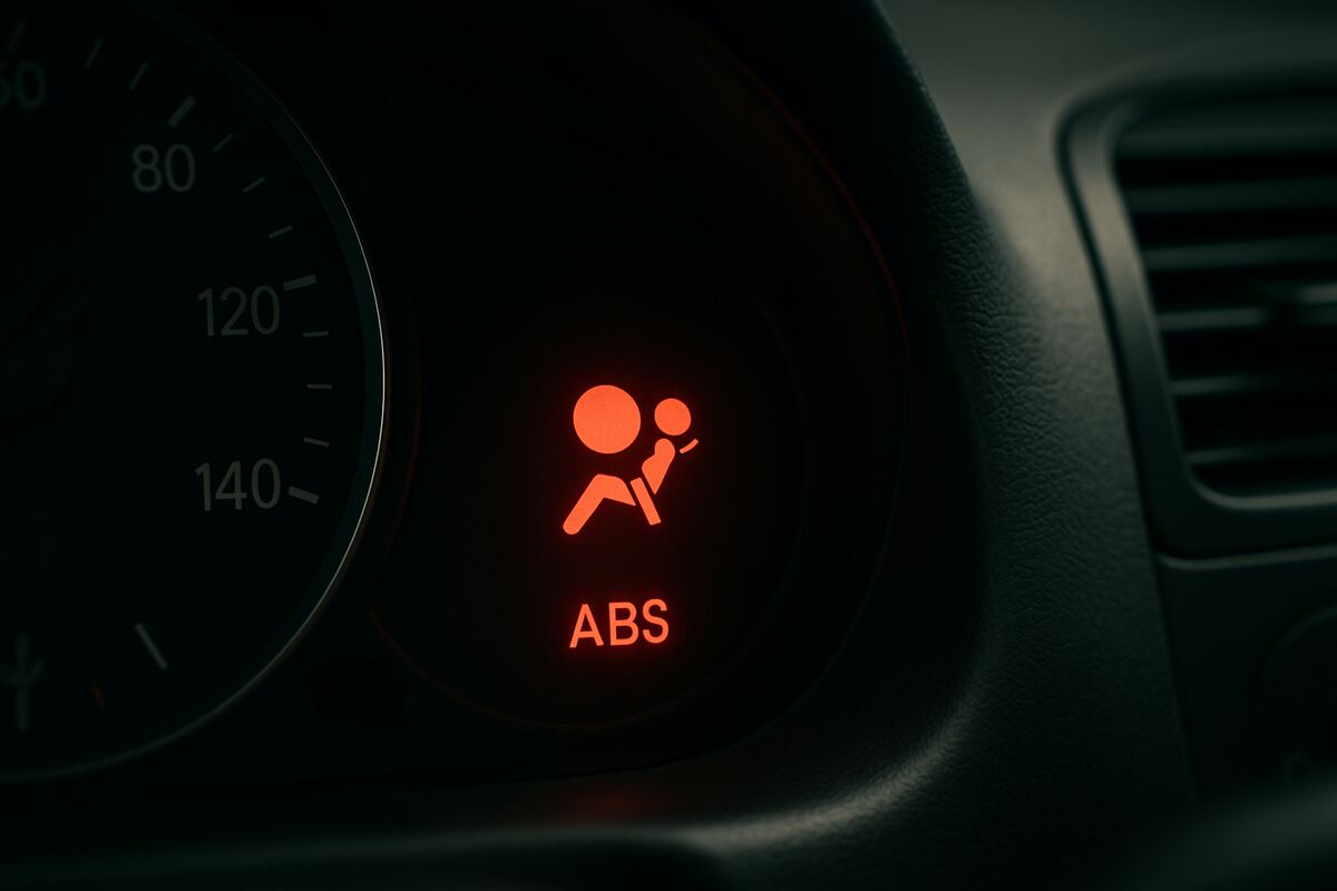 Conductor revisando luces de advertencia en el tablero de un auto nuevo con un posible defecto de seguridad